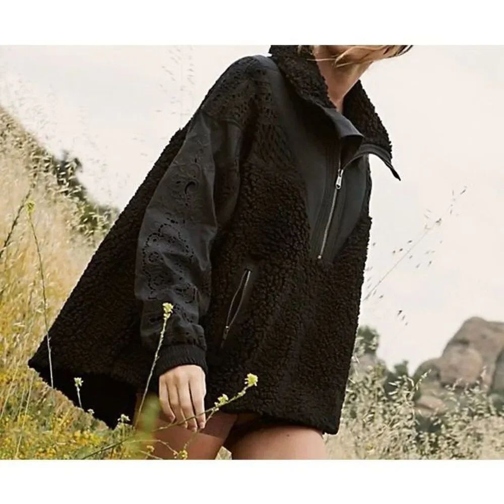 Free People FP Movement Black Care Seaside Fleece Crochet & Embroidered Pullover